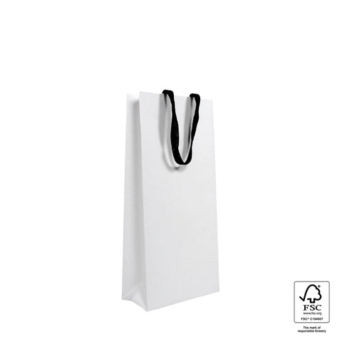Image of White paper bag with black handles on a white background, featuring FSC certification logo.