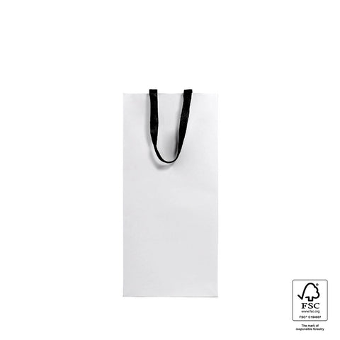 Image of White paper bag with black handles on a white background, featuring FSC certification logo.
