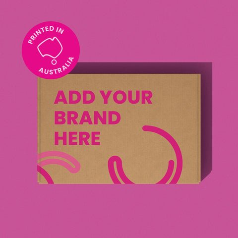Image of Cardboard box with pink text on a pink background, featuring a 'Printed in Australia' label.