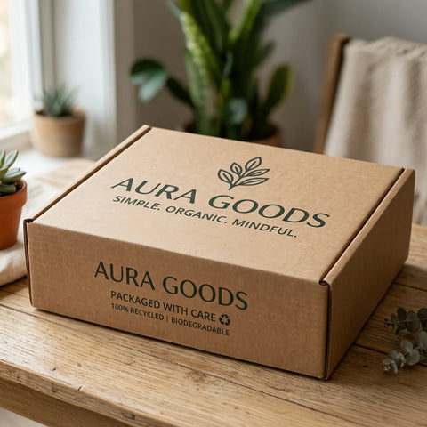 Image of Brown cardboard box with 'Aura Goods' branding on a wooden surface with plants in the background.