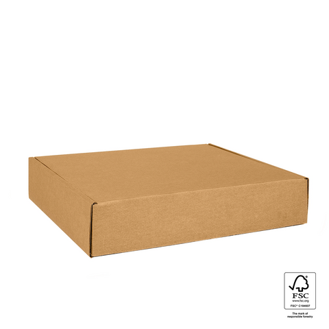 Image of Brown cardboard box with FSC certification logo on a white background
