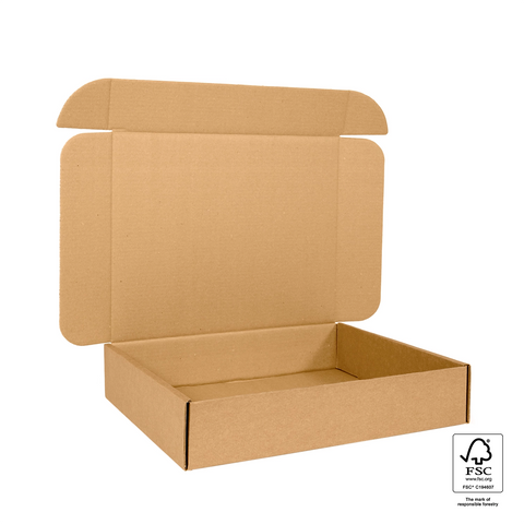 Image of Open cardboard box with FSC certification logo on a white background