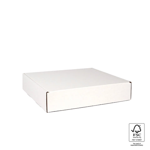 Image of White cardboard box with FSC certification logo on a white background