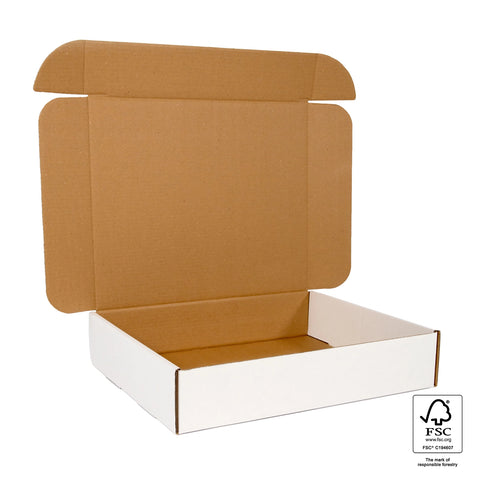 Image of Open cardboard box with FSC logo on a white background