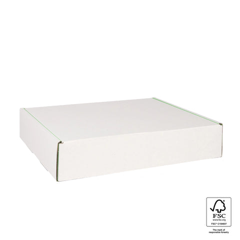 Image of White cardboard box with FSC certification logo on a white background