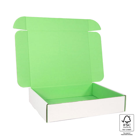 Image of Green and white cardboard box with FSC certification logo on a white background