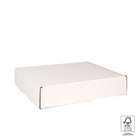 Image of White cardboard box with FSC certification logo on a white background
