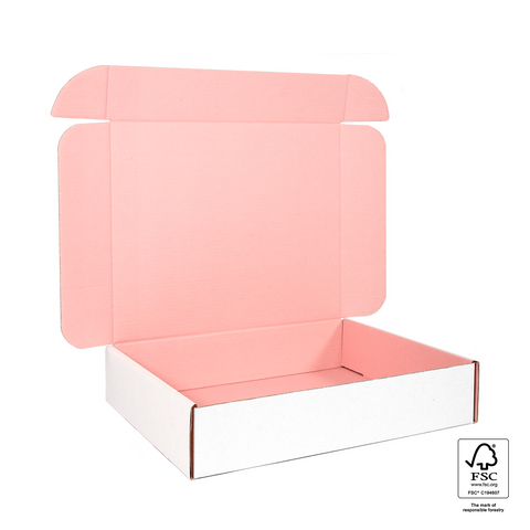 Image of Pink and white cardboard box with FSC certification label on a white background