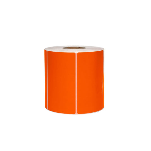 Thermal labels roll in orange color on white backdrop.