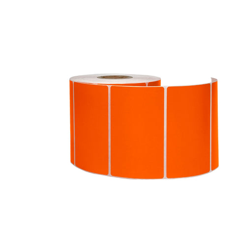 Orange roll of thermal labels on white background.