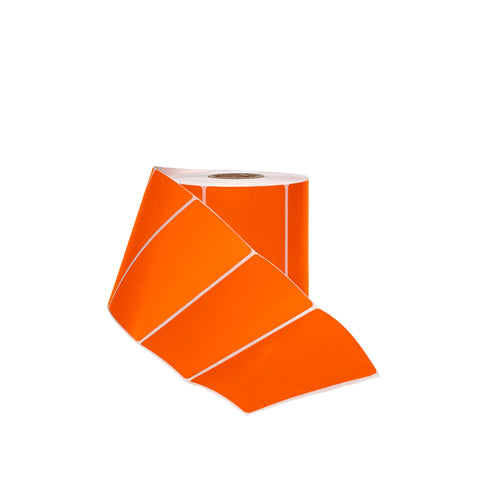 A white background with an orange thermal labels roll.