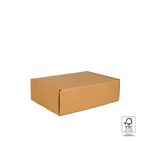 Image of Brown cardboard box with FSC certification logo on a white background