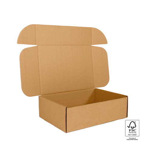 Image of Brown cardboard box with FSC logo on a white background