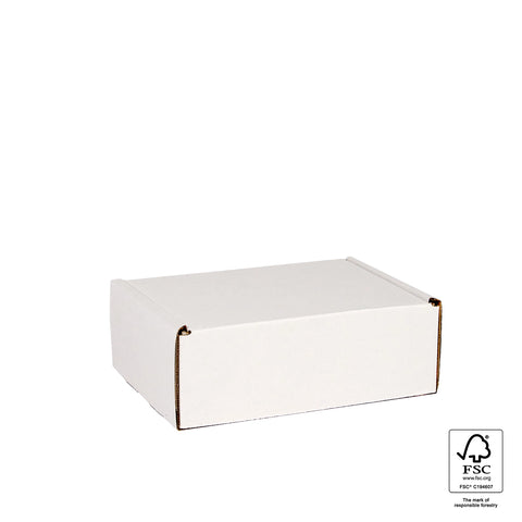 Image of White cardboard box with FSC certification logo on a white background