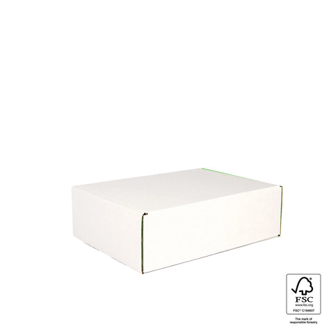 Image of White cardboard box with FSC certification label on a white background