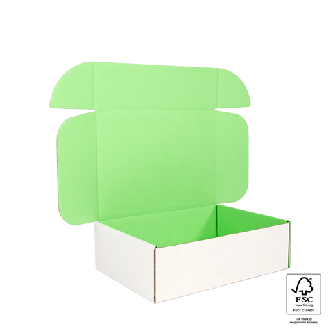 Image of Green cardboard box with a white base on a white background