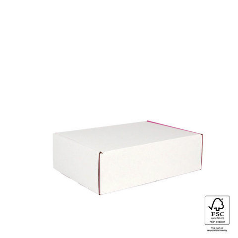 Image of White cardboard box with FSC logo on a white background