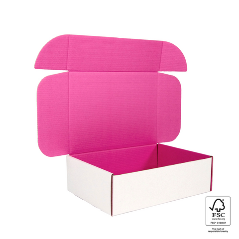 Image of Pink and white cardboard box with FSC logo on a white background
