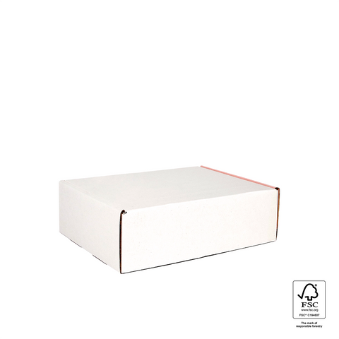 Image of White cardboard box with FSC certification label on a white background