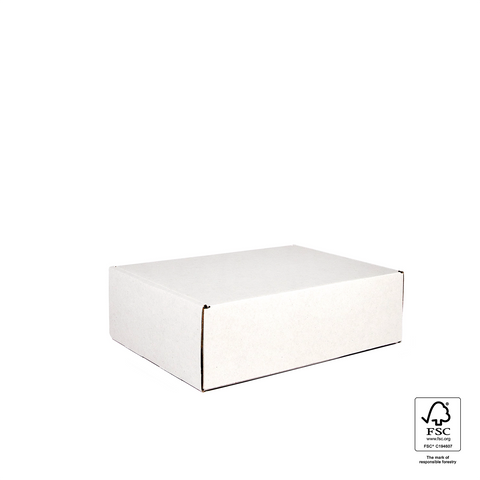 Image of White cardboard box with FSC certification logo on a white background