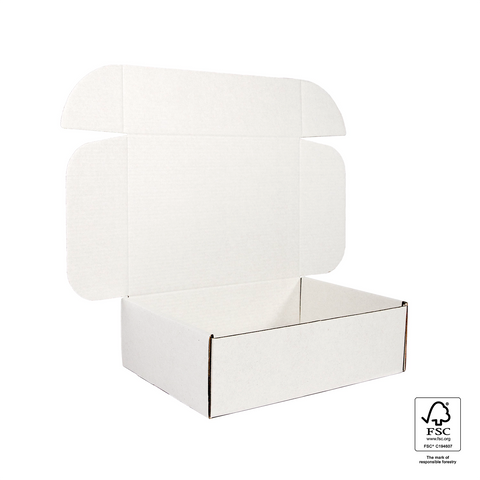Image of White cardboard box with a lid on a white background, featuring FSC certification logo.