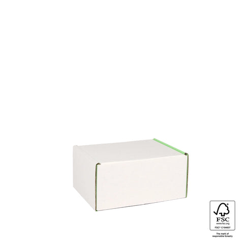 Image of White cardboard box with FSC certification label on a white background