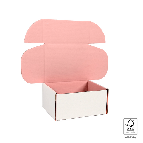 Image of White box with a pink interior on a white background, featuring FSC certification logo.