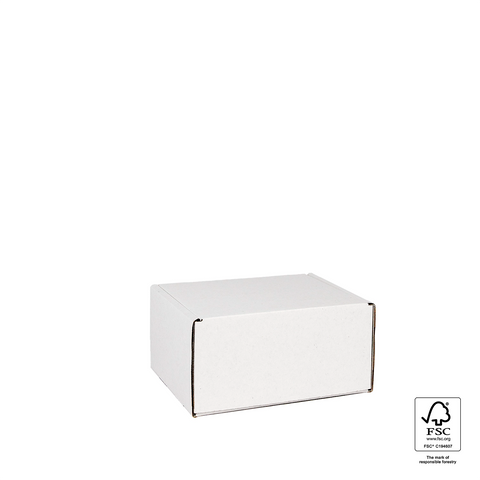 Image of White cardboard box with FSC certification logo on a white background