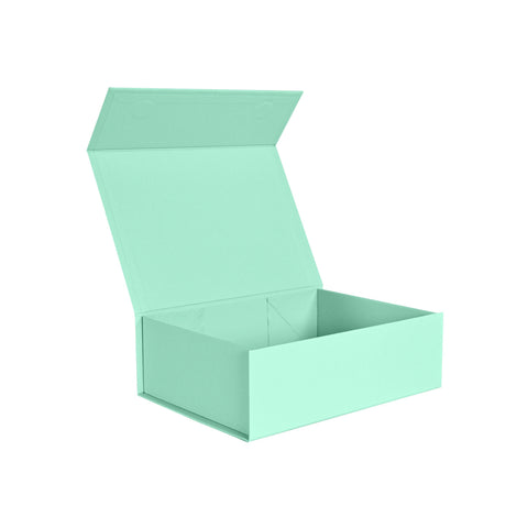 Custom branded small green gift boxes. Designed for e-commerce with a strong magnetic closure and custom printed in Australia.