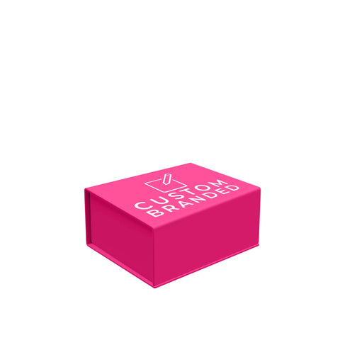 Small bright pink magnetic closure box with custom logo space for e-commerce in Australia