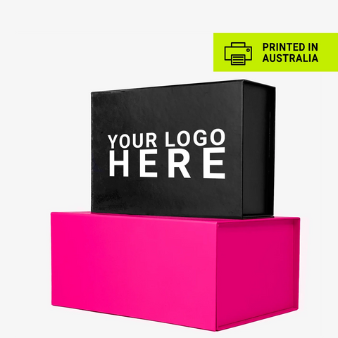 Black and pink custom logo boxes printed in Australia for e-commerce and corporate gifting.