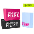Premium light blue, neon pink, and black magnetic closure box with custom logo and text for online stores.