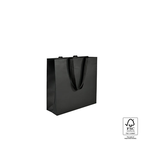 Image of Black paper bag with FSC logo on a white background