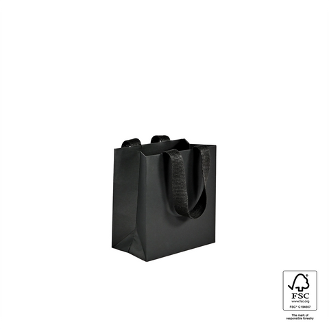 Image of Black paper gift bag with a visible FSC logo on a white background