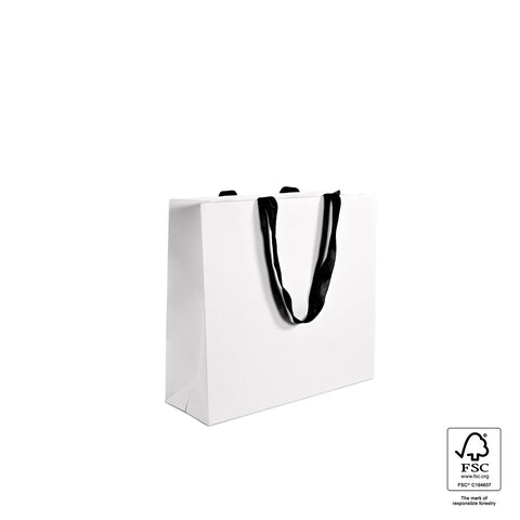 Image of White paper bag with black handles on a white background, featuring FSC certification logo.