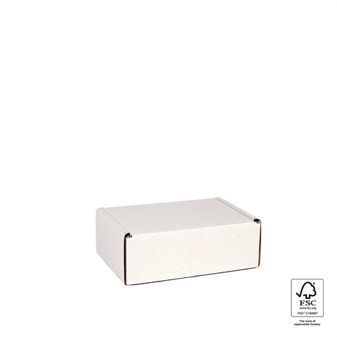 Image of White cardboard box with FSC certification logo on a white background