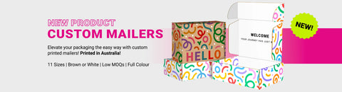 Image of Promotional banner for custom mailers with colorful design elements and text.