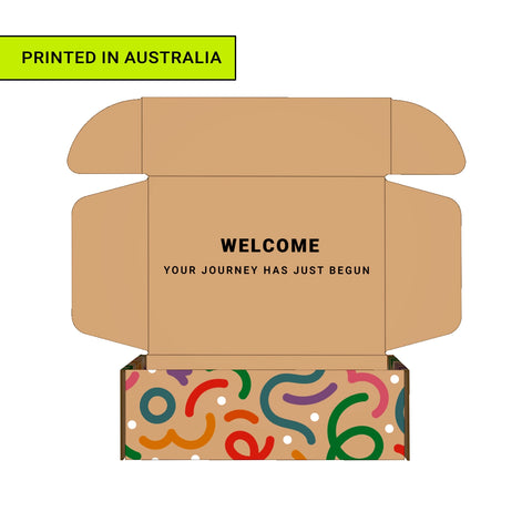 Image of Cardboard box with colorful design and text 'Welcome, your journey has just begun' on a white background.