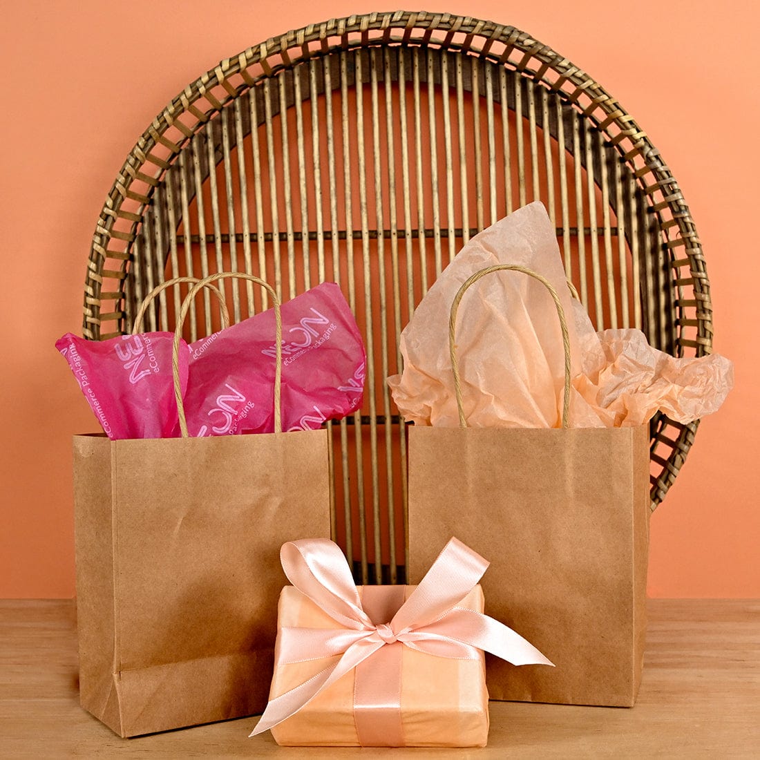 Custom Coloured Tissue Paper with brown paper bag - NEON eCommerce Packaging