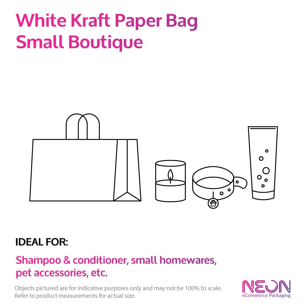small boutique white paper bag with examples of items that fit inside
