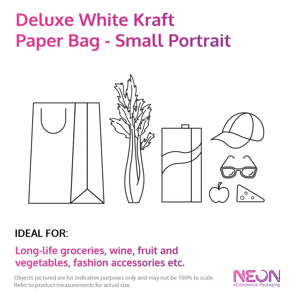 Deluxe White Kraft Paper Bag - Small Portrait with ideal items to put inside